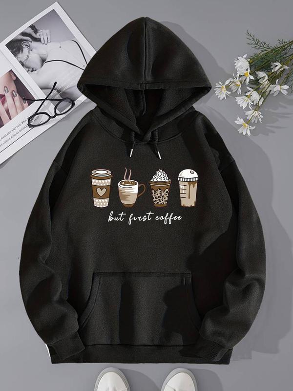 Women's Cartoon Coffee & Cup Print Drop Shoulder Crewneck Sweatshirt, Long-sleeve Round Neck Pullover for Spring & Fall, Women's Black Clothes, Sweatshirts for Women, Comfort Lady Tops, Back To School Outfit