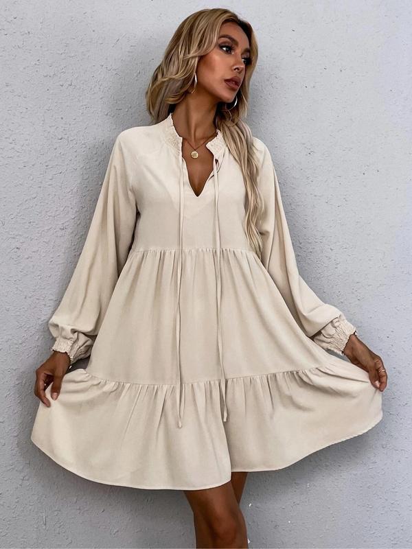 Women's Plain Shirred Ruffle Hem Tie Neck Dress, Casual Bishop Sleeve Short Dress for Spring & Fall, Women's Clothing for Daily Wear