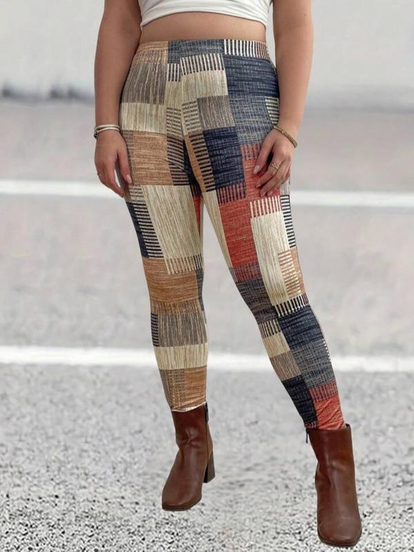 Plaid Print Elastic Waist Leggings, Casual Comfy High Waist Skinny Pants for Daily Wear, Women's Bottoms for Spring & Fall