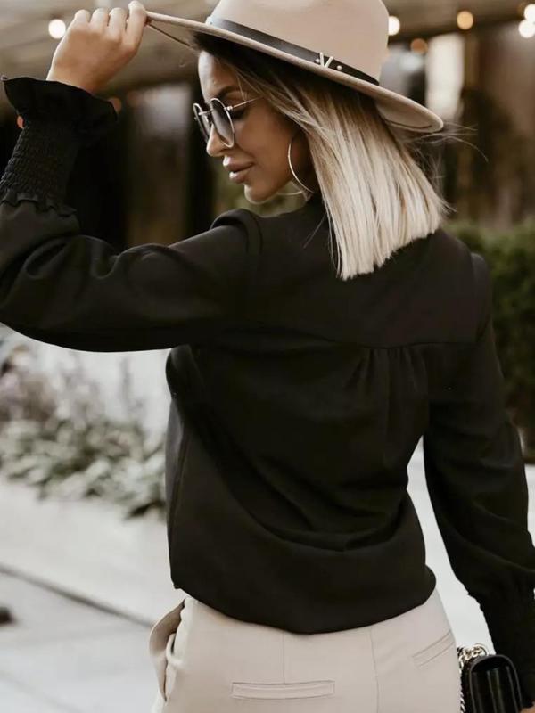 Women's Minimalist Ruffle Trim Shirred Notch Neck Long Sleeve Blouse, Elegant Chic Basic Shirts for Lady, Going Out Tops, Fall Clothing Women, Casual Office Outfits Women, Comfort Flounce Sleeve Top
