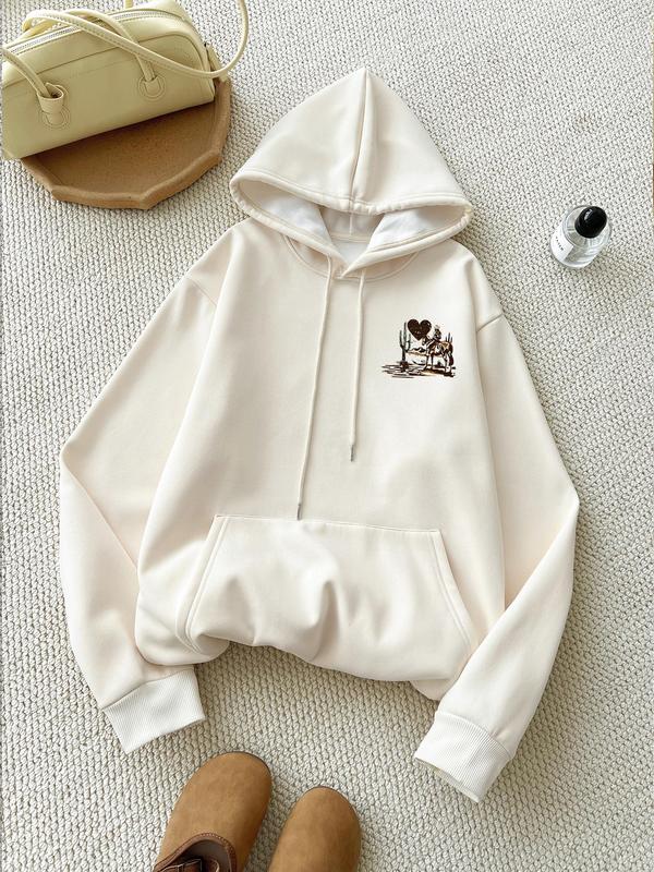Women's Graphic & Letter Print Drop Shoulder Thermal Lined Hoodie, Fashion Casual Drawstring Pocket Hooded Sweatshirt for Daily Holiday Outdoor Wear, Women Clothing for Fall & Winter