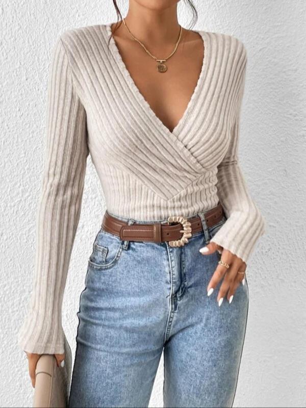 Women's Plain Wrap Deep V Neck Ribbed Tee, Casual Long Sleeve T-shirt for Spring & Fall, Women's Top for Daily Wear