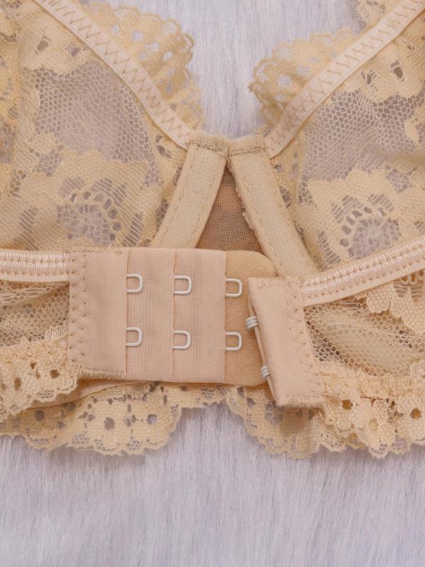 Women's Solid Sheer Lace Bra & Thong Sexy Lingerie Two-Piece Set, Sexy O-ring Detail Push Up Bra & Panty Set, Lingerie Set for Women