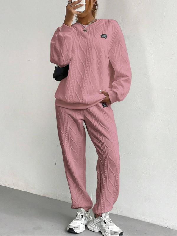 Women's Solid Patched Drop Shoulder Sweatshirt & Elastic Waist Pants Two-piece Set, Casual Fashion Cozy Round Neck Long Sleeve Pullover & Trousers for Daily Wear, Ladies Two-piece Outfits for Fall & Winter