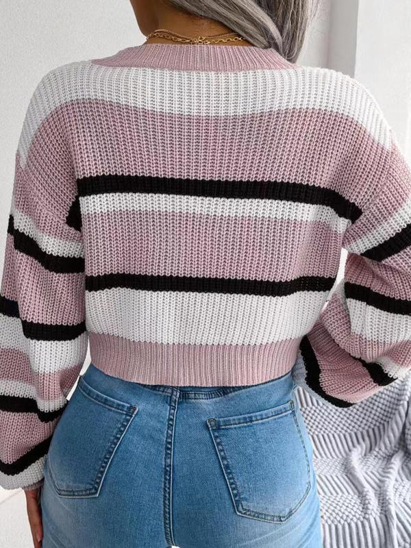 Women's Striped Lantern Sleeve Crewneck Crop Knitting Sweater, Casual Comfort Lady Long Sleeve Round Neck Drop Shoulder Jumper Pullover Tops for Autumn Fall, Sweaters for Women, Ladies Knitwear Clothes, Womenswear, Downtown Girl Clothes