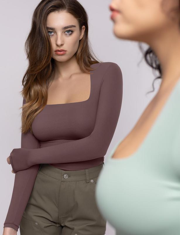 [PUMIEY] Women's Square Neck Long Sleeve T Shirts Slim Fit Tops Basic Minimalist Elegant Shirt
