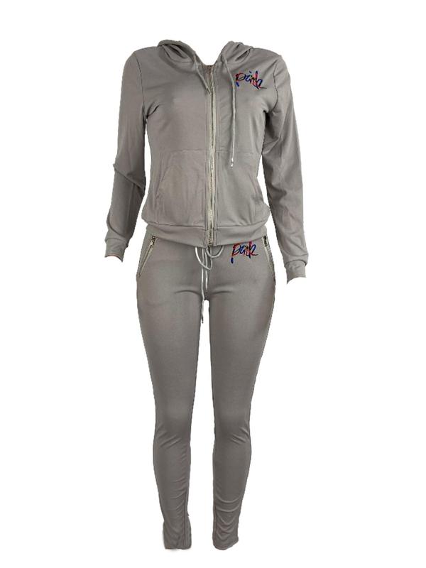 Two-piece Set Women's Letter Embroidery Zip Up Hooded Sweatshirt & Pocket T Sweatpants, Casual Long Sleeve Hoodie &  Jogger Pants, Ladies Two-piece Outfits for All Seasons