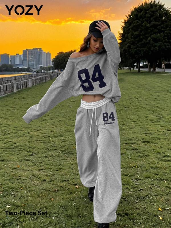 YOZY Women's Number Print Drop Shoulder Sweatshirt & Frill Trim Drawstring Waist Pants Two-piece Set, Casual Fashion Cozy Round Neck Long Sleeve Pullover & Pocket Trousers for Daily Wear, Ladies Two-piece Outfits for All Seasons