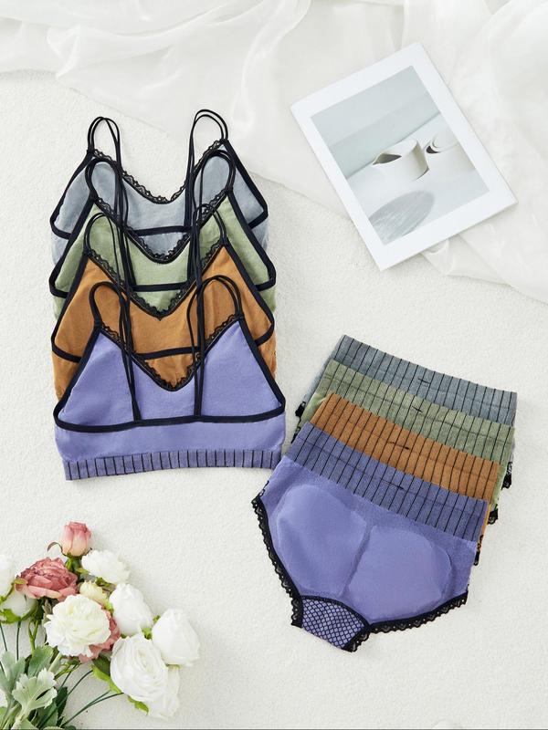 Women's Geometric Print Contrast Lace Wireless Bra & High Waist Panties Underwear Set, Casual Comfy Breathable Lingerie Set for Daily Wear, Underwear Set for Women