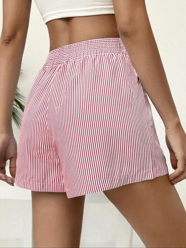 Women's Striped Print Elastic Waist Wide Leg Shorts, Casual High Waist Patched Shorts for Summer, Ladies Bottoms for Daily Wear