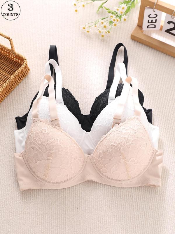 Women's Contrast Lace Adjustable Strap Push Up Bra, Soft Comfortable Breathable Underwire Bra, Lingerie for All Seasons