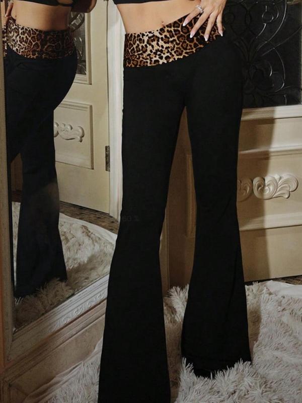 Women's Leopard Patchwork Print Flare Leg Pants, Casual Comfy Elastic Waist Bell Bottom Trousers for Daily Wear, Ladies Bottoms for Fall & Winter