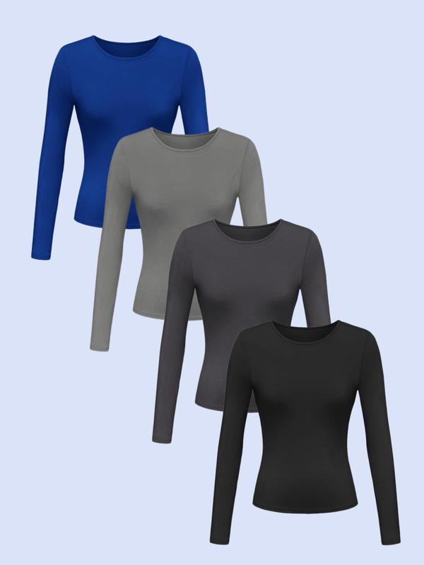 Women's Solid Color Simple Minimalist Long Sleeve Round Neck Tee, Casual Crew Neck T-Shirt for Spring & Fall, Back-to-School Clothing, Fashion Women's Top for Daily Wear, Fall Outfits, Fallfreshness, Downtown Girl Clothes, Going out Tops 2000s