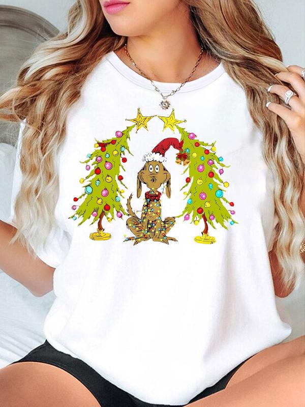 Women's Cartoon Dog & Christmas Tree Print Round Neck Tee, Casual Short Sleeve T-Shirt for Fall & Winter, Women's Top for Daily Wear