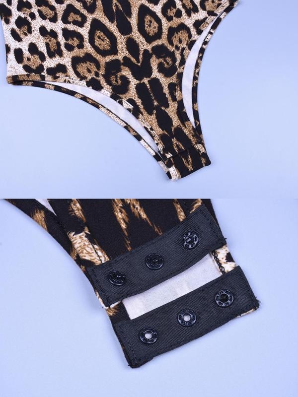 Women's Leopard Print Snap Button Bodysuit, Casual Long Sleeve Mock Neck Bodysuit, Ladies Spring & Fall Clothes for Daily Wear