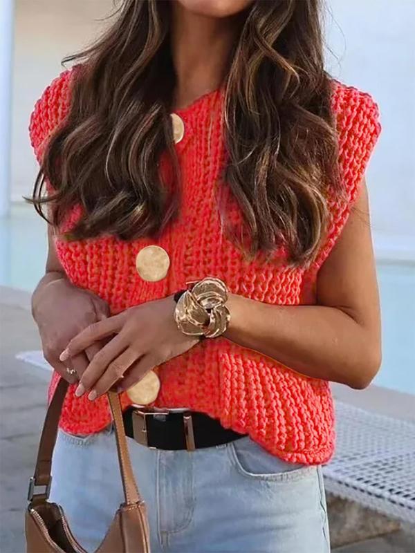 Women's Plain Button Front Pocket Sweater Vest, Summer Tops for School, Casual Sleeveless Round Neck Knitwear for Spring, Fashion Women's Knit Clothing for Daily Wear, Going Out Outfits 2024, Fall Tops, Preppy 80s Clothes