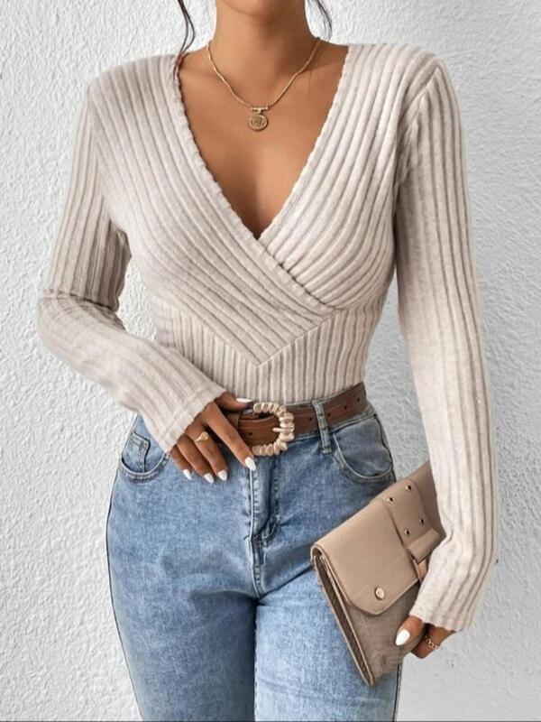 Women's Plain Wrap Deep V Neck Ribbed Tee, Casual Long Sleeve T-shirt for Spring & Fall, Women's Top for Daily Wear