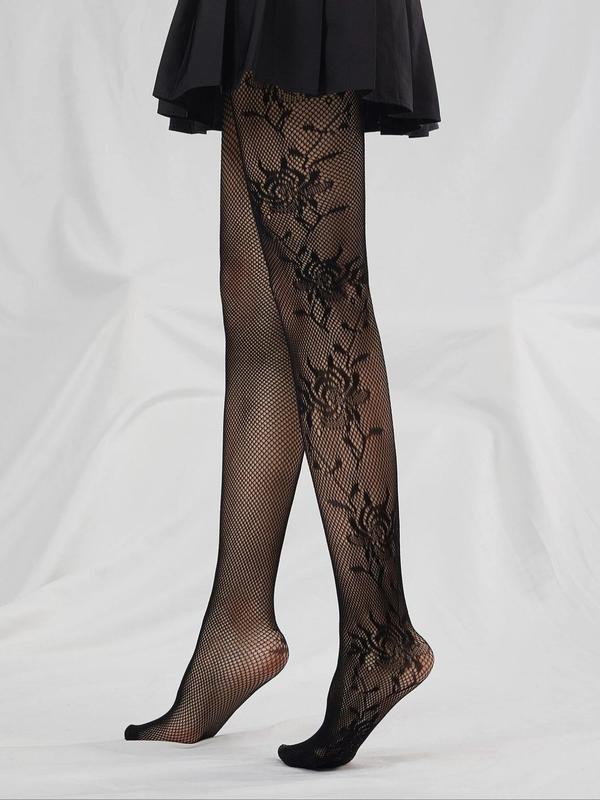 Women's Floral Print Hollow Out Tights, 1 Pair Fashionable Breathable Slim Pantyhose For Daily Wear, Ladies' Tights For All Seasons, Comfort Lady Underwear, Womenswear
