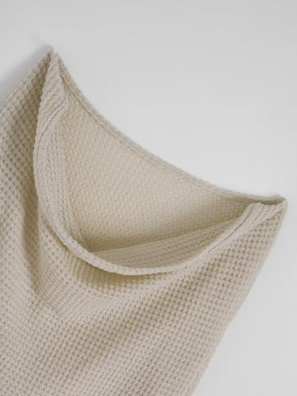 Women's Plain Waffle Textured Cowl Neck T-shirt, Casual Long Sleeve Draped Top for Fall & Winter, Women's Clothes for Daily Wear