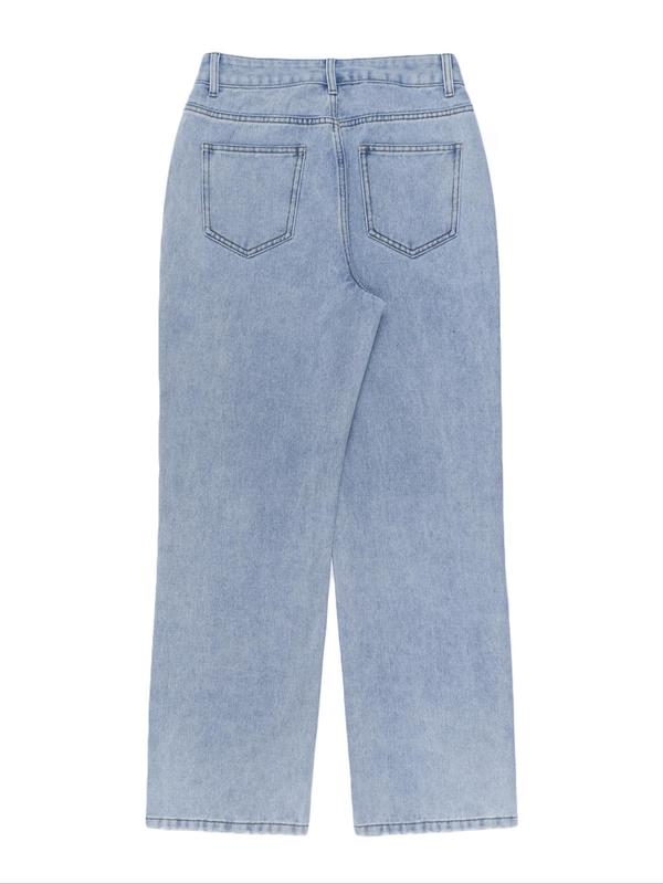 Women's Washed Denim Jeans, Y2K Casual Pocket Button Straight Leg Jeans for Daily Wear, Ladies Bottoms for Fall & Winter