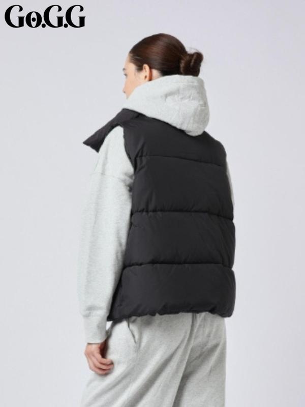 Women's Minimalist Basic Solid Zip Up Puffer Vest Coat, Lady Casual Comfort Drawstring Pocket Design Gilet Outerwear For Fall & Winter, Women's Clothes For Daily Wear, Womenswear