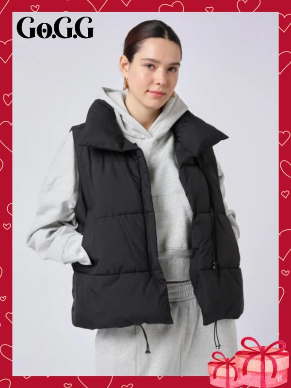 Women's Minimalist Basic Solid Zip Up Puffer Vest Coat, Lady Casual Comfort Drawstring Pocket Design Gilet Outerwear For Fall & Winter, Women's Clothes For Daily Wear, Womenswear