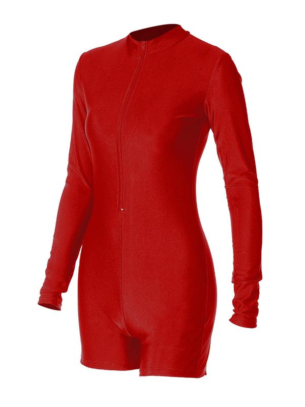 Women's Solid Color Half Zip Mock Neck Skinny Romper, Casual Long Sleeve Romper for Daily Wear, Ladies Clothes for All Seasons