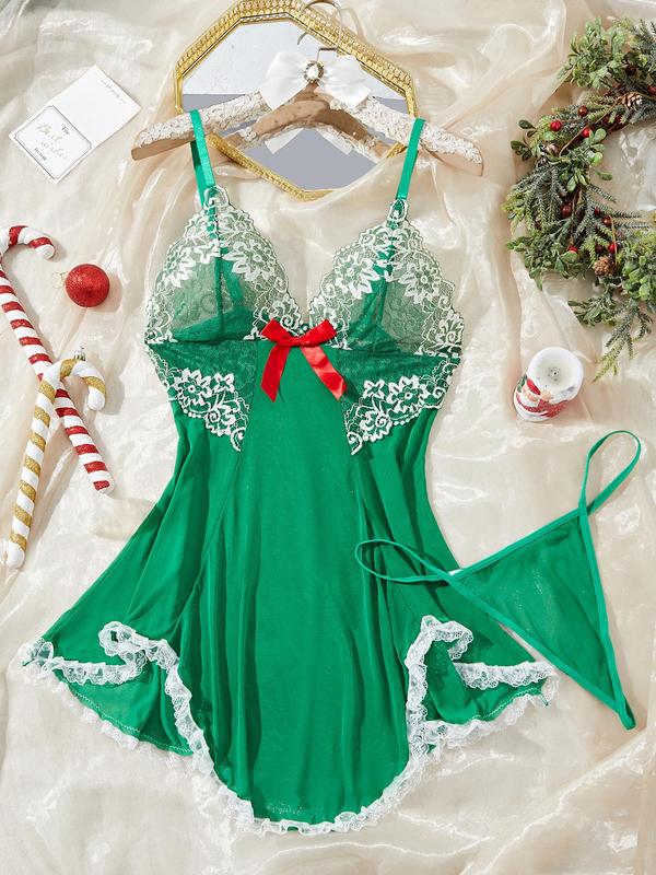 Women's Contrast Lace Bow Decor Cami Nightdress with Thong, Night Gown for Women, Romantic Sleep Dress, Spaghetti Strap Backless V Neck Asymmetrical Nightgown, Ladies Sleepwear for All Seasons, Night Dress Sleepwear