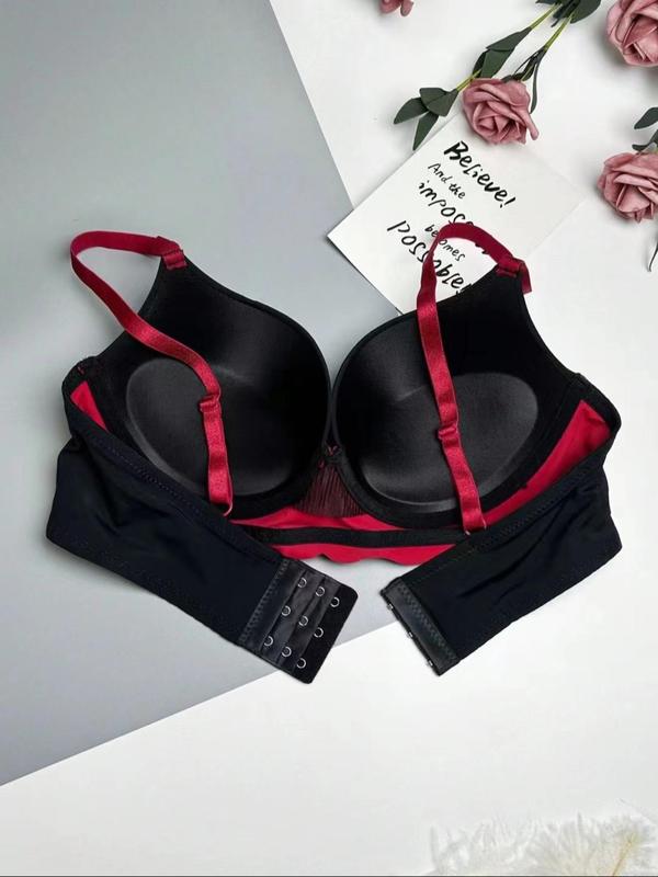 Women's Colorblock Heart Print Underwire Push Up Bra, Casual Comfortable Adjustable Strap Scallop Trim Bra, Women's Lingerie for All Seasons