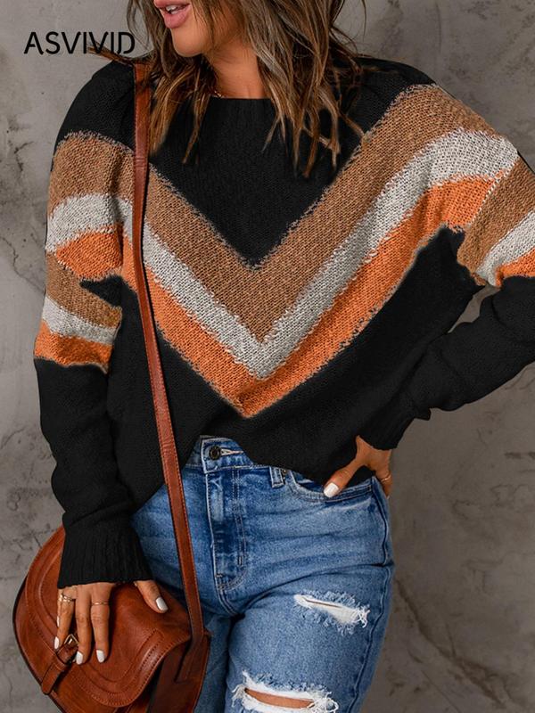Women's Chevron Print Drop Shoulder Sweater, Casual Long Sleeve Round Neck Jumper for Fall & Winter, Sweaters for Women, Fashion Ladies' Knitwear for Daily Wear
