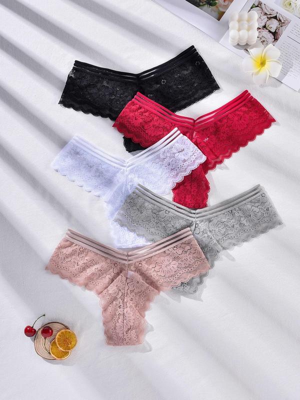 Women 5pcs Solid Sheer Contrast Lace Panty Set, Sexy Panties for Lady, Romantic Comfy Knickers for Daily Wear, Minimalist Basic Womenswear, Comfort Women Underwear for All Seasons