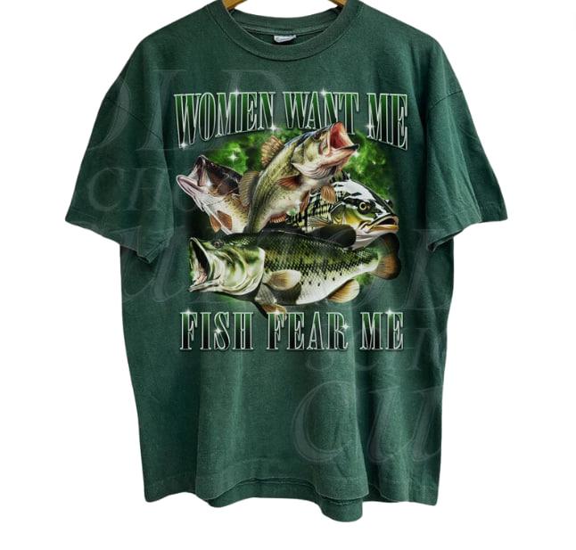 Women Want Me Fish Fear Me Vintage Graphic T-shirts, Retro Bass Fisher Tshirt, Fishing Lovers Gift, Dad Jokes Shirts, Funny Camping Shirts Top Womenswear