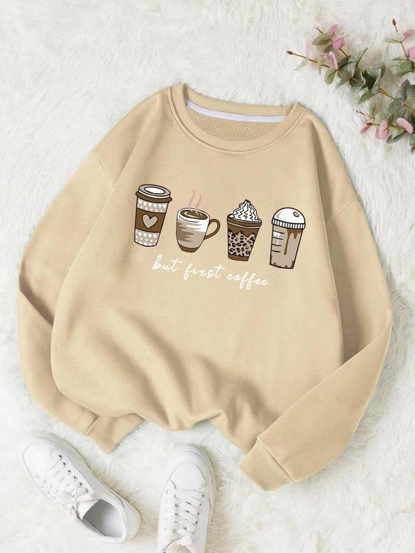 Women's Cartoon Coffee & Cup Print Drop Shoulder Crewneck Sweatshirt, Long-sleeve Round Neck Pullover for Spring & Fall, Women's Black Clothes, Sweatshirts for Women, Comfort Lady Tops, Back To School Outfit