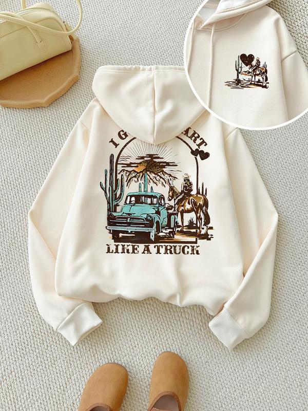 Women's Graphic & Letter Print Drop Shoulder Thermal Lined Hoodie, Fashion Casual Drawstring Pocket Hooded Sweatshirt for Daily Holiday Outdoor Wear, Women Clothing for Fall & Winter