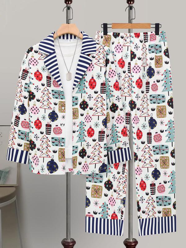 Couple's Christmas Print Button Front Shirt & Elastic Waist Pants Two-piece Set, Casual Comfy Long Sleeve Top & Trousers PJ Set, Couple's Sleepwear for Spring & Fall, Boyfriend Gifts