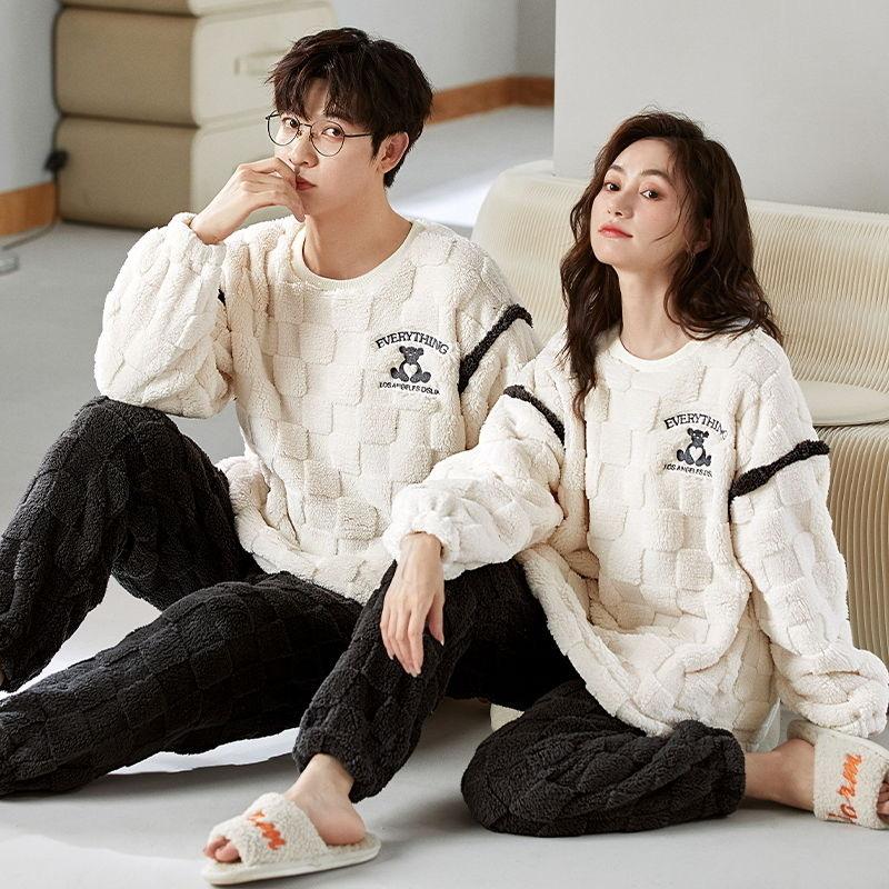 Couple's Blue Velvet Pajamas Winter Thickening Cartoon Men's and Women's Warm and Cute Coral Velvet Home Wear Autumn