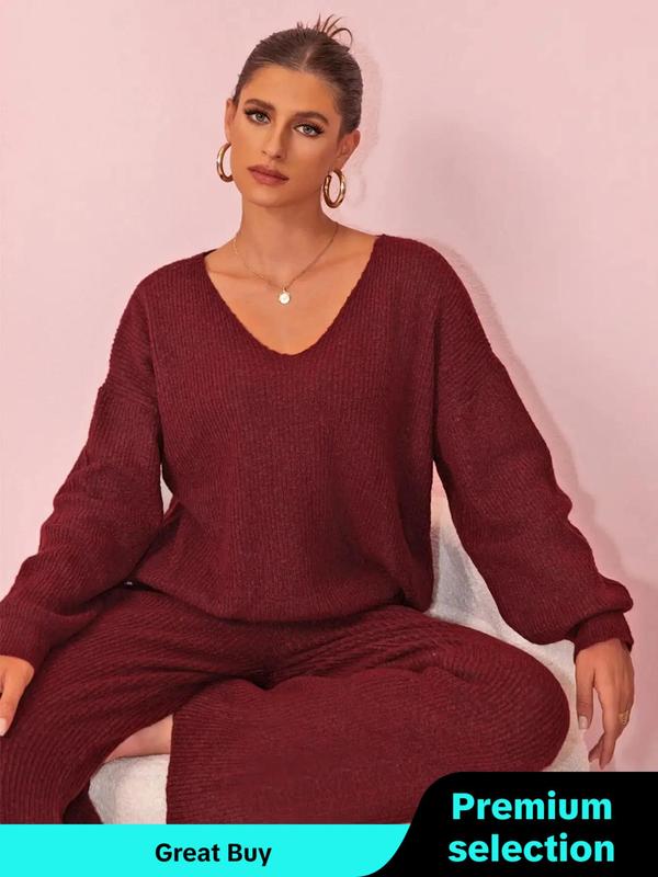 Women's Solid Drop Shoulder Sweater & Straight Leg Pants Two-piece Set, Casual Fashion Cozy Knitwear Set for Daily Outdoor Wear,  Pants Suit Sets for Women, Women Knitting Outfits for Fall & Winter