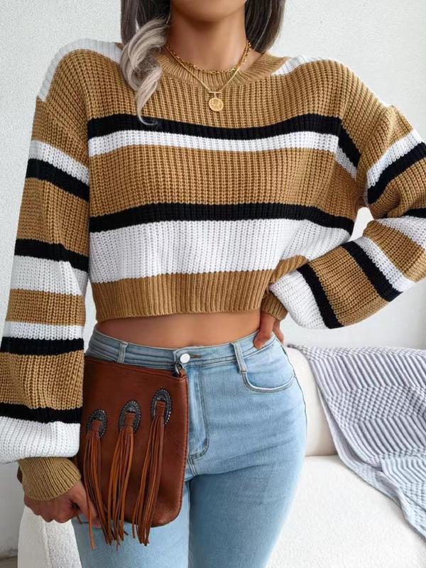 Women's Striped Lantern Sleeve Crewneck Crop Knitting Sweater, Casual Comfort Lady Long Sleeve Round Neck Drop Shoulder Jumper Pullover Tops for Autumn Fall, Sweaters for Women, Ladies Knitwear Clothes, Womenswear, Downtown Girl Clothes