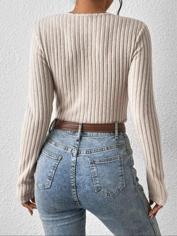 Women's Plain Wrap Deep V Neck Ribbed Tee, Casual Long Sleeve T-shirt for Spring & Fall, Women's Top for Daily Wear