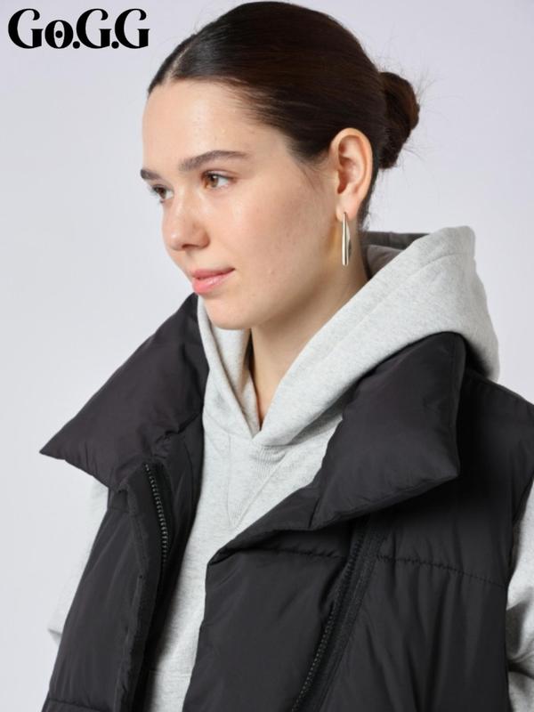 Women's Minimalist Basic Solid Zip Up Puffer Vest Coat, Lady Casual Comfort Drawstring Pocket Design Gilet Outerwear For Fall & Winter, Women's Clothes For Daily Wear, Womenswear