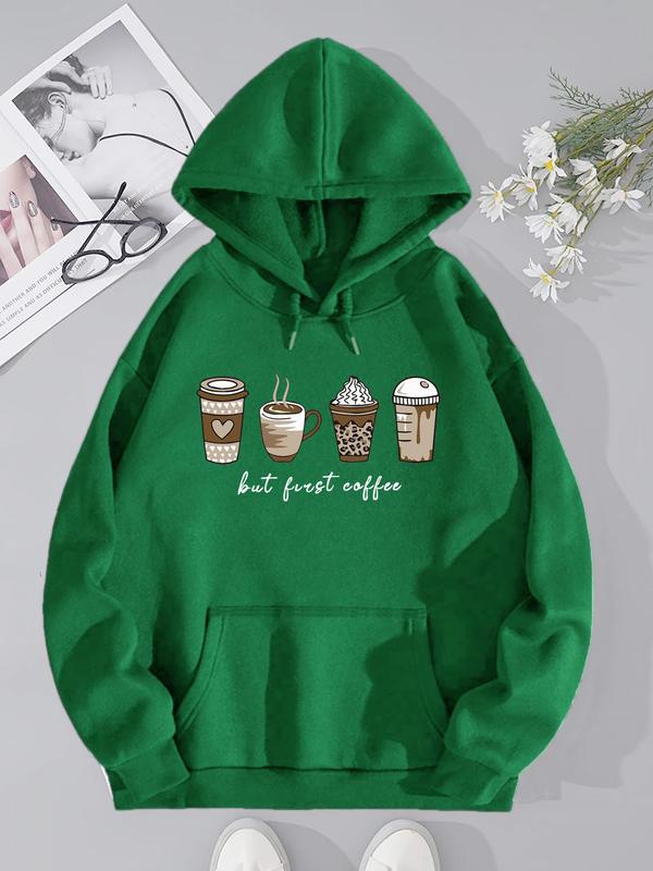 Women's Cartoon Coffee & Cup Print Drop Shoulder Crewneck Sweatshirt, Long-sleeve Round Neck Pullover for Spring & Fall, Women's Black Clothes, Sweatshirts for Women, Comfort Lady Tops, Back To School Outfit