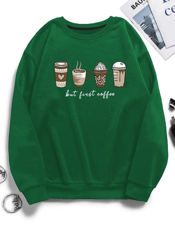 Women's Cartoon Coffee & Cup Print Drop Shoulder Crewneck Sweatshirt, Long-sleeve Round Neck Pullover for Spring & Fall, Women's Black Clothes, Sweatshirts for Women, Comfort Lady Tops, Back To School Outfit