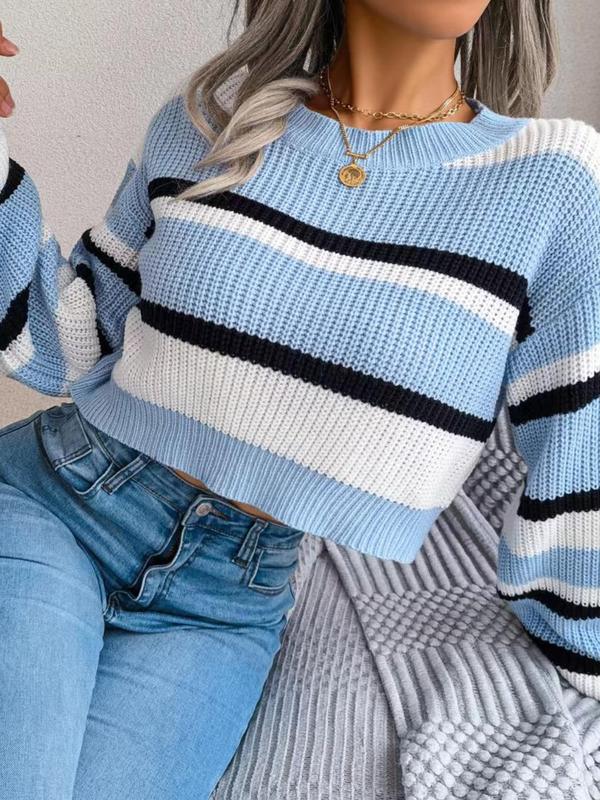 Women's Striped Lantern Sleeve Crewneck Crop Knitting Sweater, Casual Comfort Lady Long Sleeve Round Neck Drop Shoulder Jumper Pullover Tops for Autumn Fall, Sweaters for Women, Ladies Knitwear Clothes, Womenswear, Downtown Girl Clothes