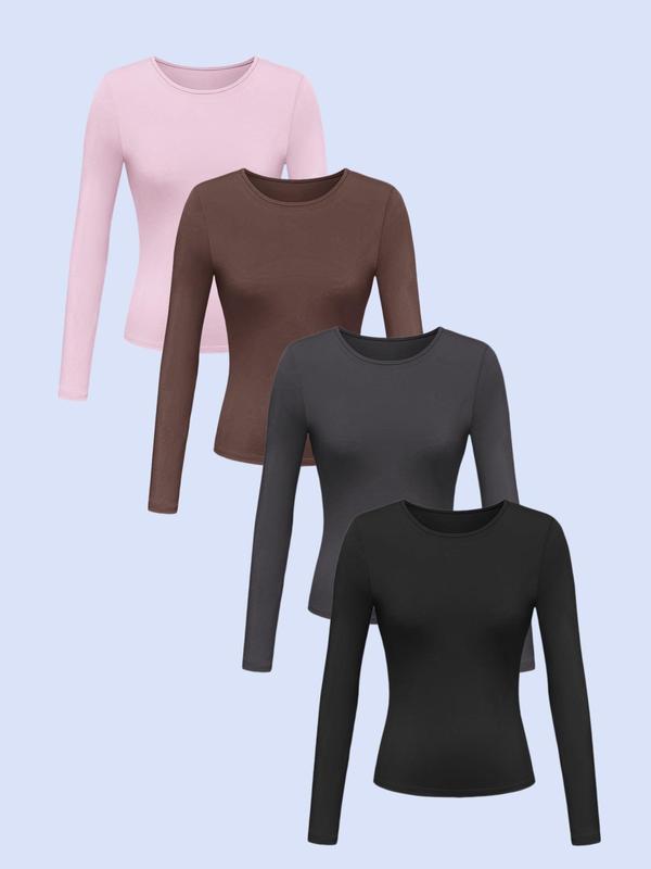 Women's Solid Color Simple Minimalist Long Sleeve Round Neck Tee, Casual Crew Neck T-Shirt for Spring & Fall, Back-to-School Clothing, Fashion Women's Top for Daily Wear, Fall Outfits, Fallfreshness, Downtown Girl Clothes, Going out Tops 2000s