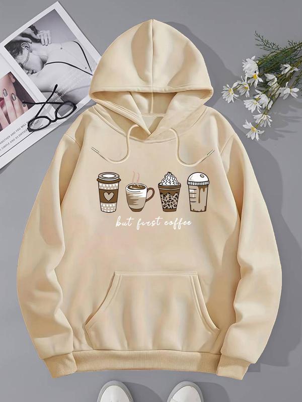 Women's Cartoon Coffee & Cup Print Drop Shoulder Crewneck Sweatshirt, Long-sleeve Round Neck Pullover for Spring & Fall, Women's Black Clothes, Sweatshirts for Women, Comfort Lady Tops, Back To School Outfit