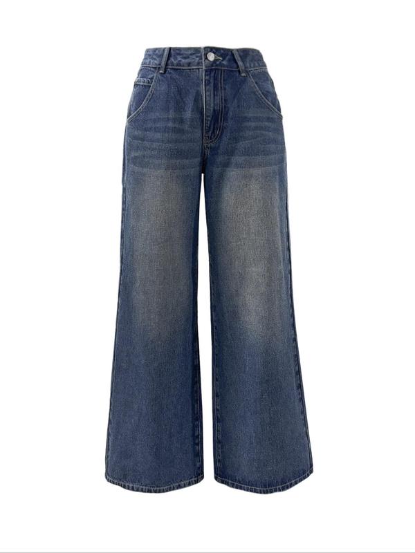 Womenswear Plain Pocket Straight Leg Jeans, Basic Minimalist Button Fly Denim Trousers for Streetwear, Baggy Jeans, Ladies Bottoms for All Seasons
