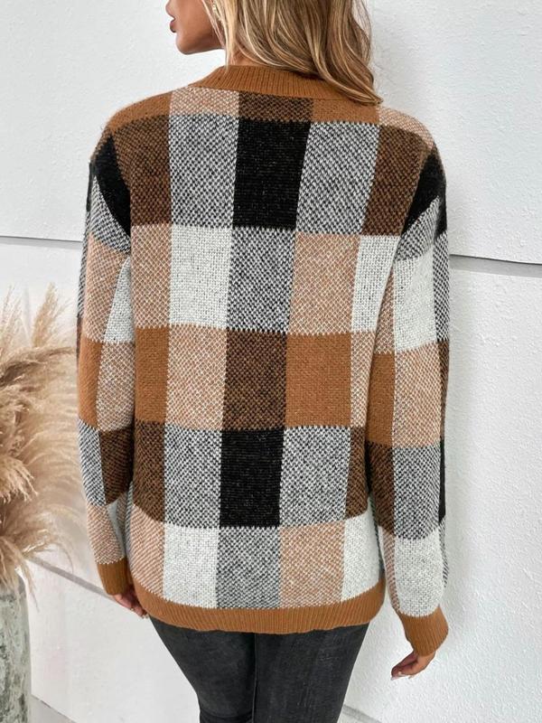 Women's Colorblock Plaid Print Drop Shoulder Sweater, Casual Long Sleeve Round Neck Jumper for Fall & Winter, Fashion Ladies' Knitwear for Daily Wear