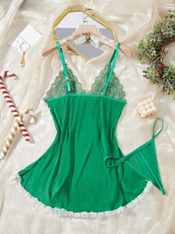 Women's Contrast Lace Bow Decor Cami Nightdress with Thong, Night Gown for Women, Romantic Sleep Dress, Spaghetti Strap Backless V Neck Asymmetrical Nightgown, Ladies Sleepwear for All Seasons, Night Dress Sleepwear