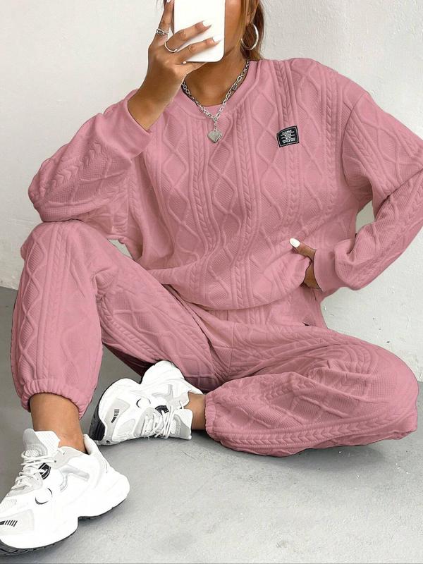 Women's Solid Patched Drop Shoulder Sweatshirt & Elastic Waist Pants Two-piece Set, Casual Fashion Cozy Round Neck Long Sleeve Pullover & Trousers for Daily Wear, Ladies Two-piece Outfits for Fall & Winter