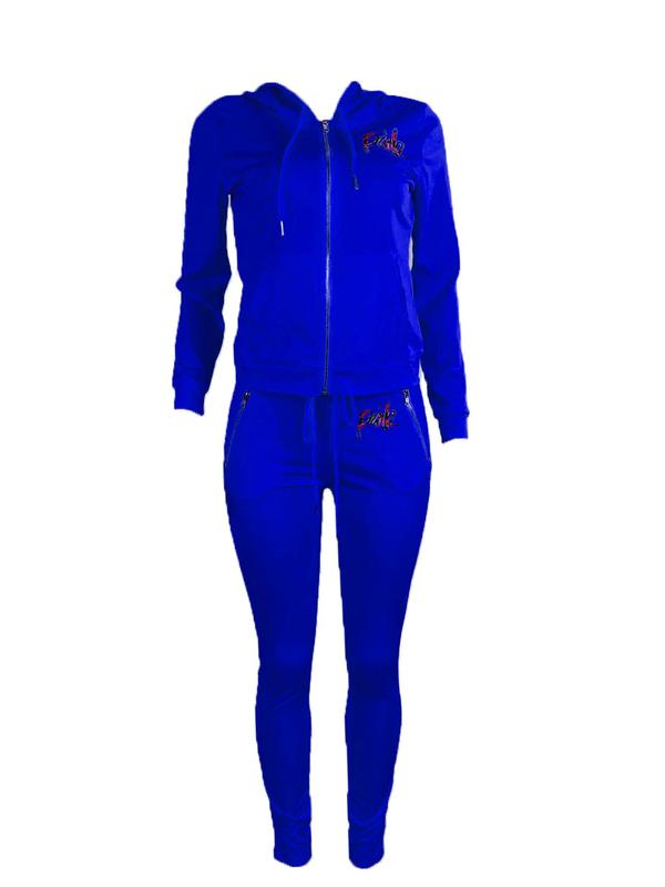 Two-piece Set Women's Letter Embroidery Zip Up Hooded Sweatshirt & Pocket T Sweatpants, Casual Long Sleeve Hoodie &  Jogger Pants, Ladies Two-piece Outfits for All Seasons